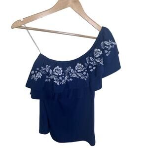 ALYA Blue One Shoulder Floral Embroidered Ruffle Top Peasant Boho Blouse Sz S